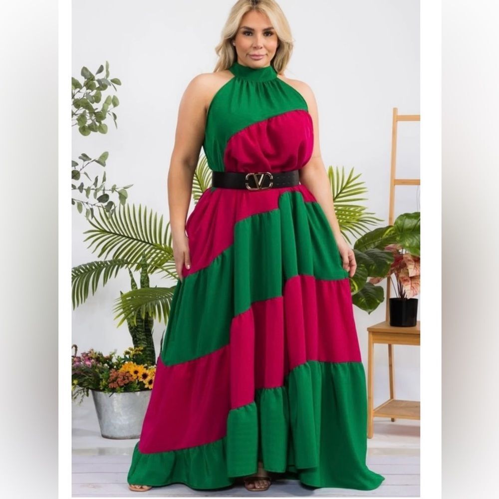 Maxi Dress Green Pink Resort Halter Bow Back Tiered Statement Dress M Resort